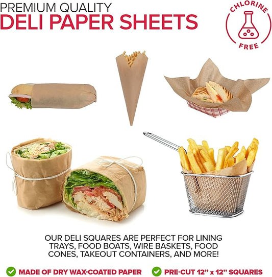 Stock Your Home 12 x 12 Grease Proof Deli Wrappers (500 Pack) - Pre Cut Natural Wax Paper Sheets - Recyclable Food Basket Liners -Kraft Deli Squares For Sandwiches, Lining Wire Food Baskets, Food Tray