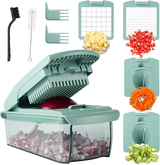 ook with Color Vegetable Chopper - Multifunctional 11 in 1 Vegetable Chopper with Container - Food Chopper to Dice, Chop, Slice, Julienne and Spiralize, Sage