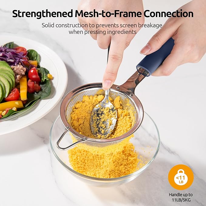 U-Taste 18/8 Stainless Steel 3.75in Small Fine Mesh Strainer with Sturdy Handle and Frame, and 18/8 Stainless Steel Square Measuring Spoons Set of 8 (Midnight Blue+Silver)