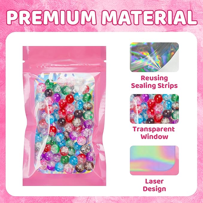 100 Pcs Holographic Bags Smell Proof Bags with Clear Window Packaging Bags for Food Storage Sealable Bags for Small Business(3×5Inch)