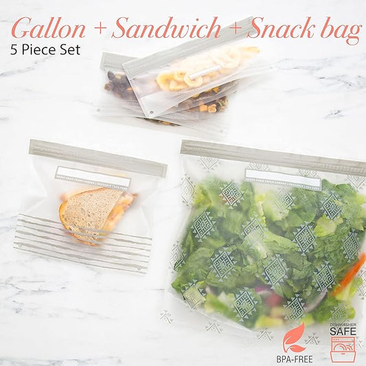 Kitchen Details 5 Piece Set Reusable Bags | 1 Gallon, 2 Sandwich and 2 Snack Sized | Airtight Zipper Seal | Leak Proof | BPA Free | Food Safe Material | Food Storage | Freezer Safe | Grey