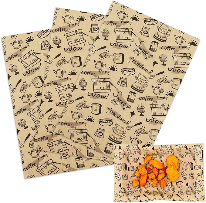 OTOPETE 200Pcs Food Paper Sheets, 12"x7.8" Grease Resistant Food Wrapper Paper, Coffee Theme Hamburger Sandwich Basket Liner, Tray Liner, for Home Kitchen Baking, Picnic, Party, Kraft Paper