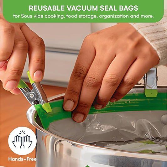 SOUSVIDE ART Reusable Vacuum Seal Bags with Vacuum Sealer, 37pcs - 30 Cooking and Storage Bags of 3 Sizes with Pump and Sous Vide Cooker Accessories - Food Safe Kit, Keeps Food Fresh