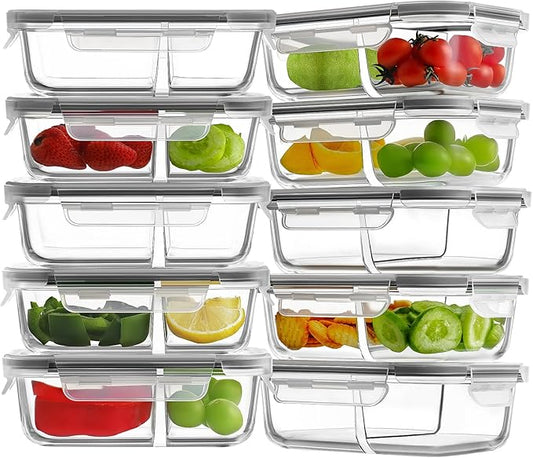 HOMBERKING 10 Pack 24oz Glass Meal Prep Containers 2 Compartment, Glass Food Storage Containers with Lids, Airtight Lunch Bento Boxes, BPA-Free & Leak Proof (10 lids & 10 Container) - Grey