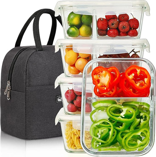DAS TRUST [5-Pack,36 Oz Glass Meal Prep Containers 2 Compartments Portion Control with Upgraded Snap Locking Lids Glass Food Storage Containers, Microwave, Oven, Freezer (4.5 Cups, White)