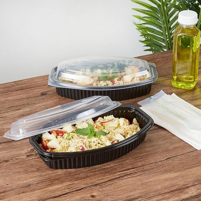 Restaurantware RW Base 24 Ounce Meal Prep Containers, 100 Microwavable To Go Containers With Lids - Disposable, Freezable, Black Plastic Oval Food Containers, Pack Hot And Cold Food, For Takeaway