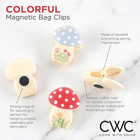 COOK WITH COLOR Cute Bag Clips - Magnetic Snack Clips for Airtight Food Storage, Spring Mushroom Design, Pack of 8
