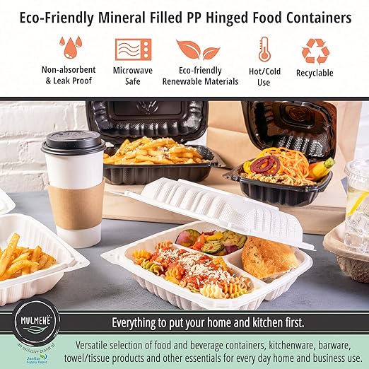 MULMEHË Mineral Filled Polypropylene Plastic Hinged Take Out Food Containers, 9x6x3, Vented Three Compartment, Black, 200 per Case