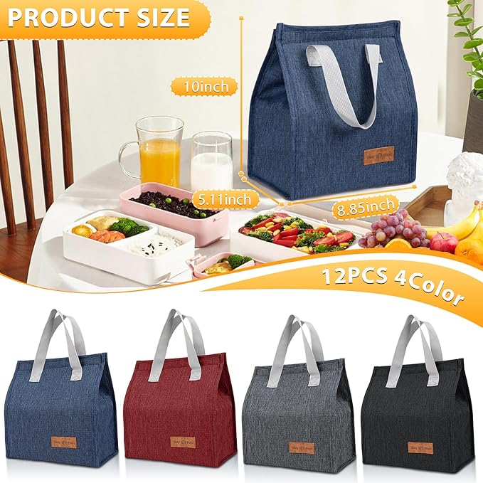 24 Pack Lunch Bags Bulk,Insulated Reusable Lunch Bags with Aluminum for Women Men,Leakproof Tote Large Lunch Box for Office,Work,Beach or Travel,Multicolor