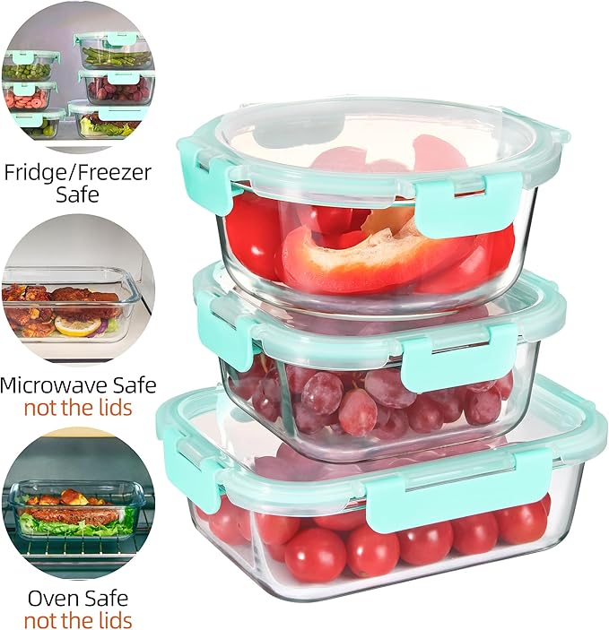 Glass Meal Prep Containers Set of 12 Food Storage Containers for Lunches, Dishwasher Safe, Mint Green