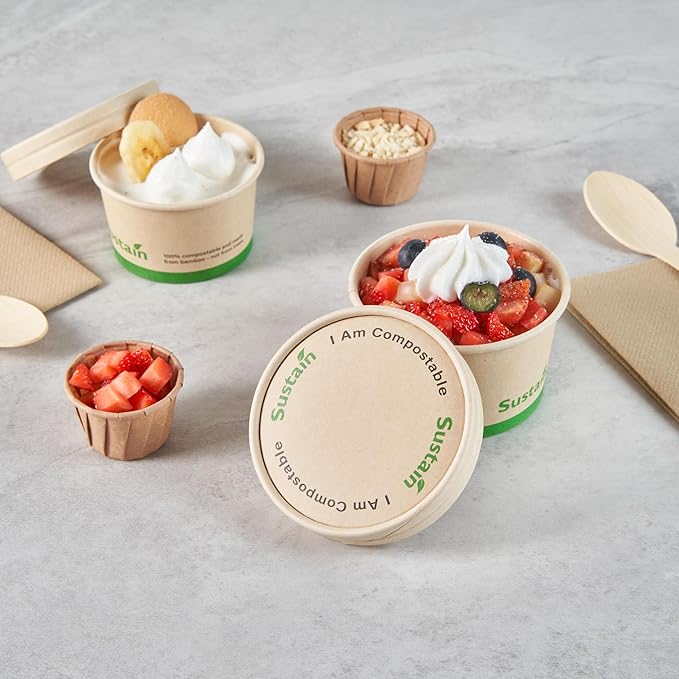 LIDS ONLY: Sustain Round Paper Soup Container Lids, 200 Disposable Ice Cream Cup Lids - Cups Sold Separately, For 5 Ounce Cups, Bamboo To Go Cup Lids, With PLA lining, Compostable - Restaurantware