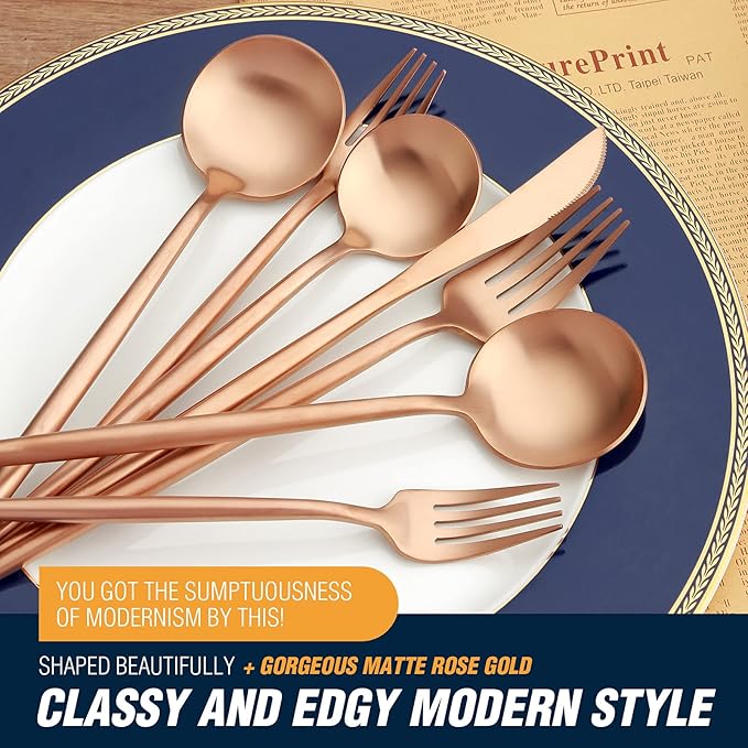 Matte Rose Gold Silverware Set, 20 Piece Stainless Steel Flatware Set Service for 4, Matte Rose Gold Cutlery Set, Include Knives/Forks/Spoons, Dishwasher Safe