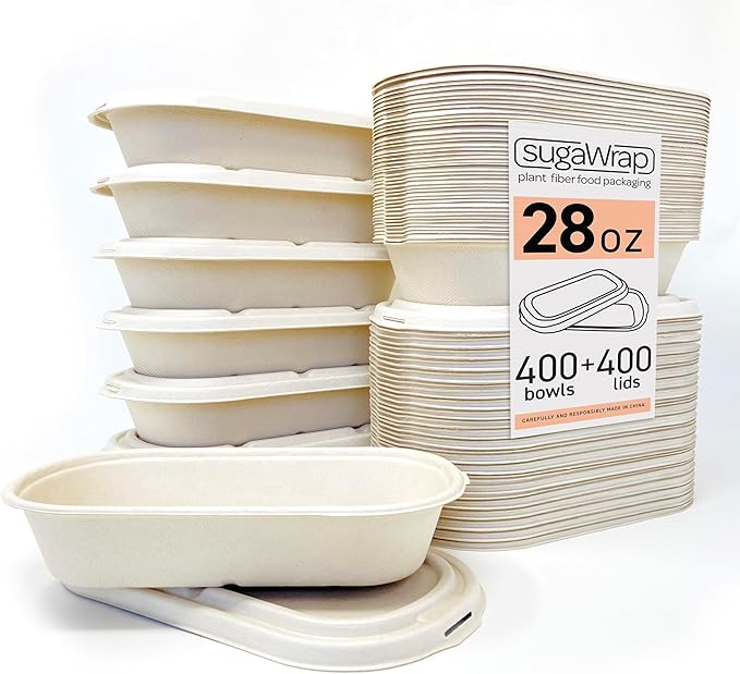 Disposable 28oz Oval Food Containers with Lids - Eco-Friendly Biodegradable Bamboo & Sugarcane, Sturdy & Leak Resistant, Freezer & Microwave Safe for Hot & Cold [400 Bowls + 400 Lids]