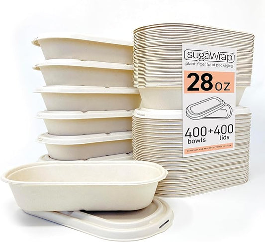 Disposable 28oz Oval Food Containers with Lids - Eco-Friendly Biodegradable Bamboo & Sugarcane, Sturdy & Leak Resistant, Freezer & Microwave Safe for Hot & Cold [400 Bowls + 400 Lids]