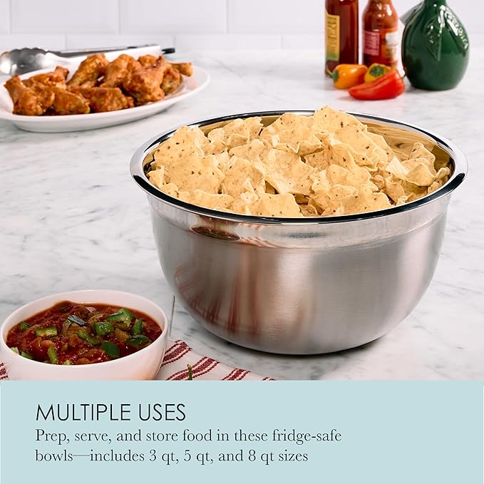 Chicago Metallic Stainless Steel Bowls, Versatile Nesting Mixing Bowls for Every Kitchen Task, Set of 3