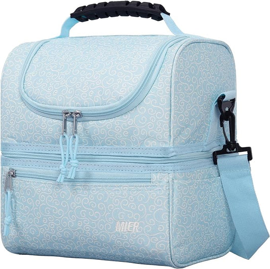 MIER Adult Lunch Box Insulated Lunch Bag Large Cooler Tote Bag for Men Women to Work Travel Daytrip, Double Deck Cooler (Blue Floral, Large)