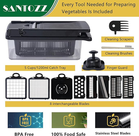 SANTOZZ Multifunctional Vegetable Chopper with Container, Vegetable Cutter with Interchangeable Blades, Onion Slicer, Garlic Grinder, Dicer for Potato, Carrot Chopper