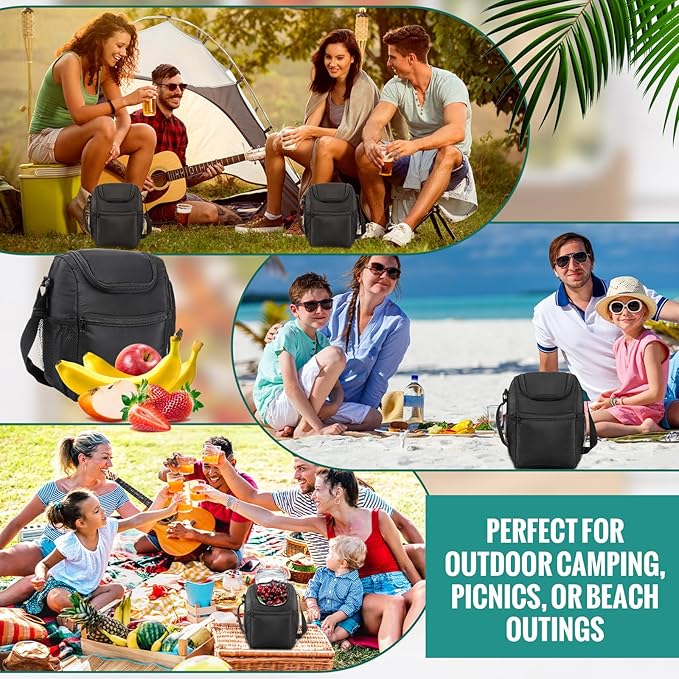 Nuogo 10 Pcs Insulated Lunch Bags Bulk, Reusable Lunch Boxes, Black Waterproof Thermal Cooler Bags with Zipper, Adjustable Strap for Men Women Work School Outdoor Camping Picnic Beach