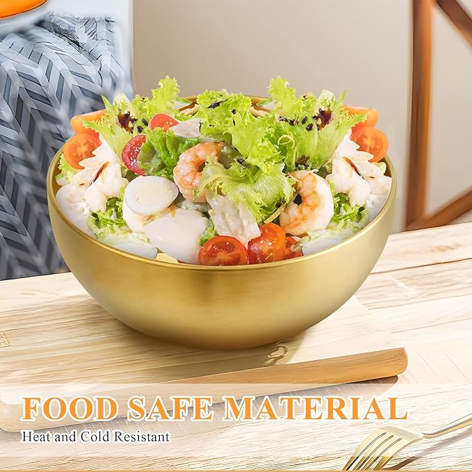 Supkiir Stainless Steel Salad Bowls with Gold Tong, 9.8”×4.5” 51oz Gold Kitchen Mixing Bowl, Large Serving Bowl Nesting Bowls for Mixing Cooking Baking Prepping Salad Soup Fruit
