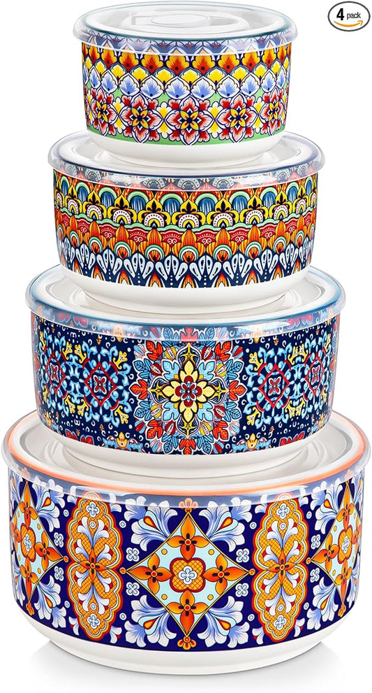 vancasso Mixing Bowls with Lids Set of 4, Ceramic Nesting Bowls Serving Bowl for Food Storage, Microwave and Dishwasher Safe, 60/36/20/10 OZ, Series SIMI