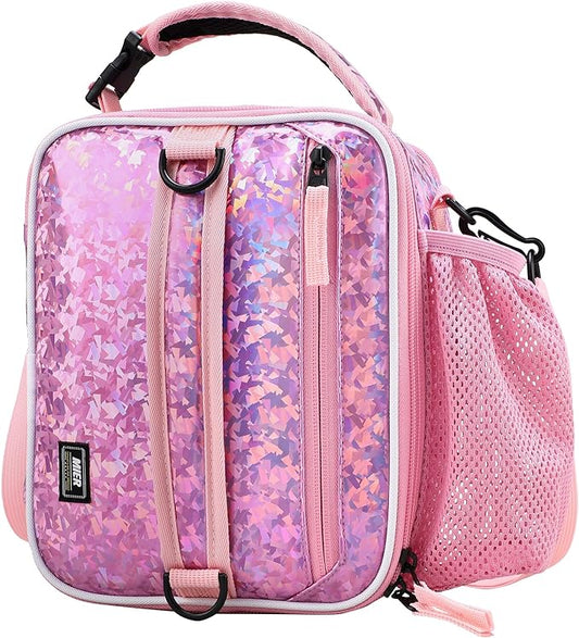 MIER Expandable Lunch Bag Insulated Lunch Box for Teen Girls Women to School Work Travel Portable Lunchbox Bags with Shoulder Strap and Water Bottle Holder(Pink)