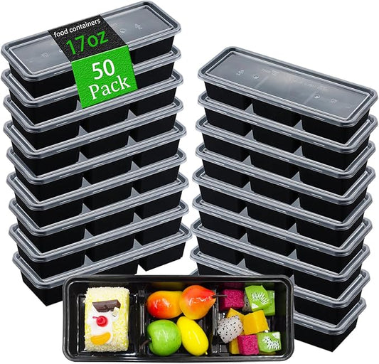 50 Pack 17 Oz Meal Prep Containers with 3 Compartments with lids,Disposable Plastic Bento Boxes Stackable Food Containers Snack,Dessert,Travel Lunch Boxes for Office,Picnic,Microwave Safe (50)
