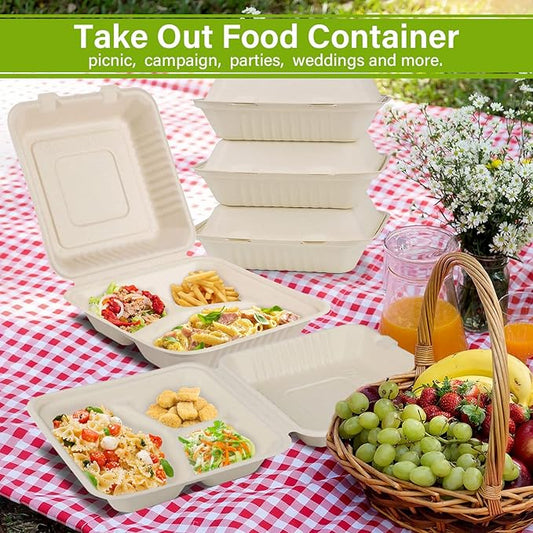 Greensight Compostable Take Out Container 8x8, Disposable To Go Food Boxes With 3 Compartments, Biodegradable Clamshell Container, Eco-Friendly Made From Sugarcane Fibers