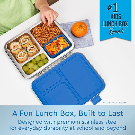 Bentgo Kids Stainless Steel Leak-Resistant Lunch Box - 3-Compartments with Bonus Silicone Container, Durable, Eco-Friendly, Dishwasher Safe, BPA-Free, Ideal for School, Ages 3+ (Blue)