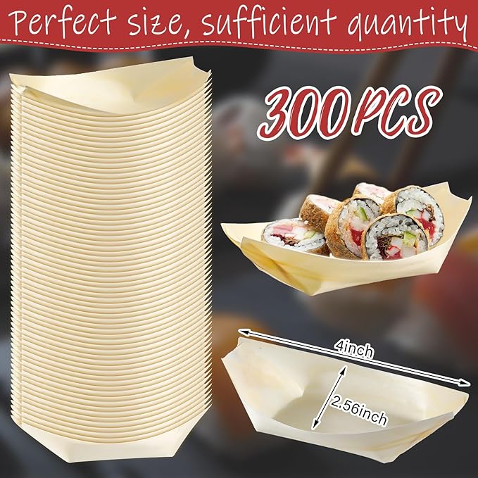 Hoolerry 300 Pcs Disposable Wood Boat Plates Dishes 4 Inches Bamboo Plates Sushi Boat Disposable Bamboo Leaf Dish Serving Tray Food Container Wood Bowl For Catering Home