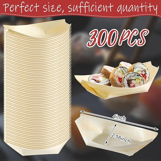 Hoolerry 300 Pcs Disposable Wood Boat Plates Dishes 4 Inches Bamboo Plates Sushi Boat Disposable Bamboo Leaf Dish Serving Tray Food Container Wood Bowl For Catering Home