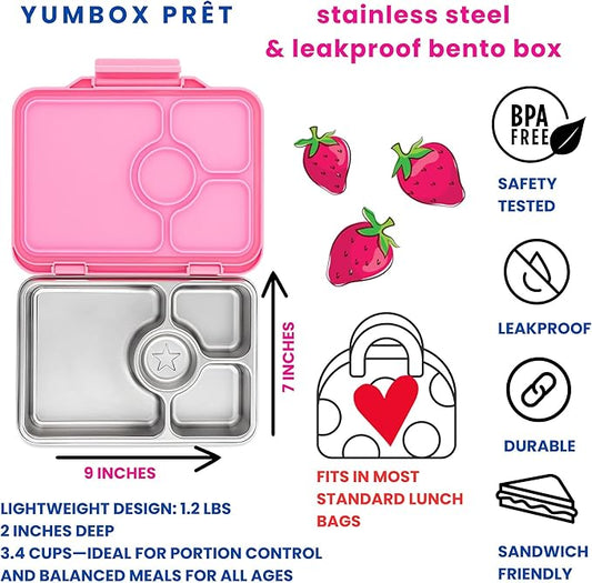 Yumbox Prêt Stainless Steel Leakproof Bento Lunch Box, Sandwich Friendly, Food Safe, Compact, Lightweight, Perfect for Kids Lunch, Adult Lunch, Portion Control and Food Prep (Versailles Pink)
