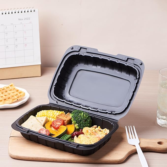 9X6 1-Compartment 50-Pack Plastic Clamshell Containers Food To Go Box Heavy Duty Disposable Hinged With Secure Snap Lid (Formerly FULING)