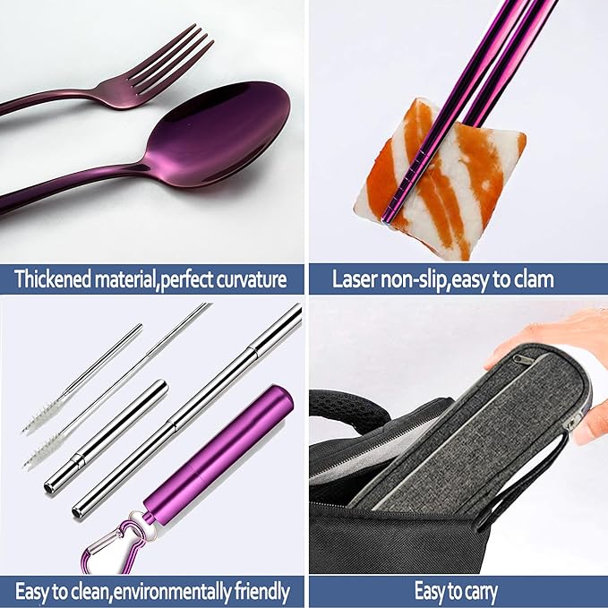 Portable Travel Reusable Utensils Silverware with Case,Travel Camping Cutlery set,Chopsticks and Straw Flatware, Stainless steel Travel Utensil set UP(Purple)