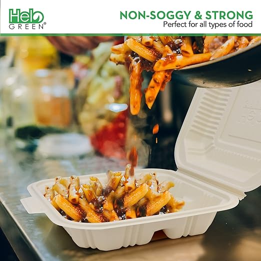 Eco Friendly 3 Compartment 100 Count 8"x8" To Go Food Containers - To Go Containers Disposable, Take Out Food Containers, To Go Boxes for Food, Clamshell Food Container, Heavy Duty To Go Box