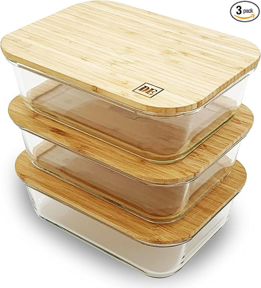 DE Glass Food Storage Containers with Bamboo Lids (3 Pack, 51 Ounce) Eco Friendly Meal Prep Glass Containers Reusable BPA Free Bento Lunch Box Airtight Plastic Free Glass Container with Lid
