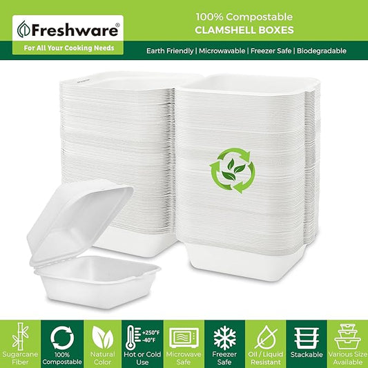 Freshware Compostable Clamshell Food Containers [6x6" 50-Pack], Biodegradable Sugarcane To Go Boxes - Heavy Duty Paper Containers - Microwave & Freezer Safe, Stackable