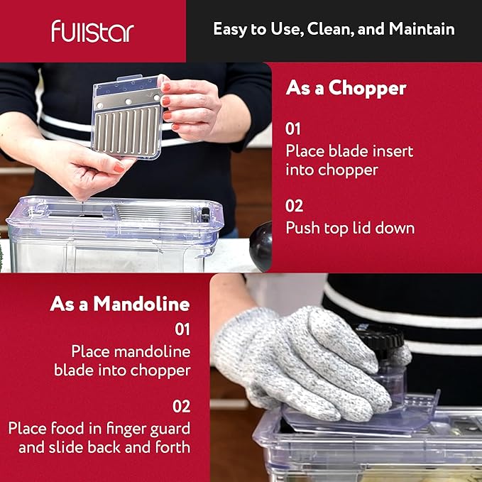 Fullstar All-in-1 Vegetable Chopper and Mandoline Slicer for Kitchen - Cheese Grater, French Fry Cutter, Cheese Slicer - Bonus Handheld Spiralizer Included (6 in 1, Clear)