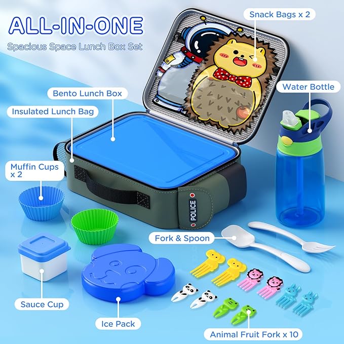 Bento Box for Kids with Insulated Lunch Bag, Lunch box Set with Kids Water Bottle, Ice Pack, Utensils, Sauce Container, Lunch Container for Kids, Toddlers, Boys Age 3-15(Black Police Car)