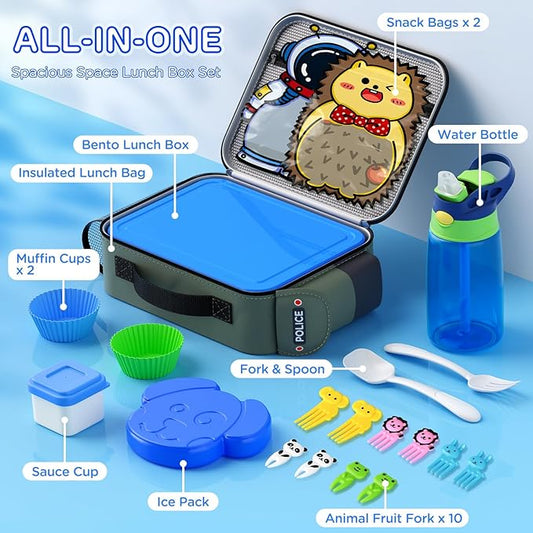 Bento Box for Kids with Insulated Lunch Bag, Lunch box Set with Kids Water Bottle, Ice Pack, Utensils, Sauce Container, Lunch Container for Kids, Toddlers, Boys Age 3-15(Black Police Car)