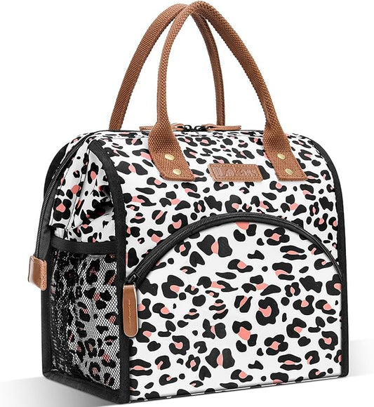 LOKASS Lunch Bag Women Insulated Lunch Box Wide-Open Lunch Tote Bag Large Cooler Bag for Work Picnic Hiking Beach Fishing（Leopard）