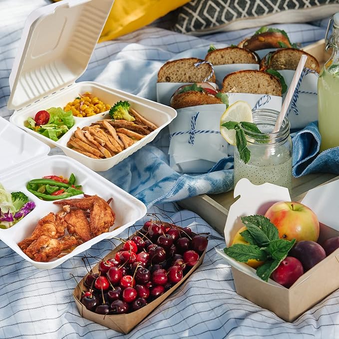 ECOLipak 50 Pack Clamshell Take Out Food Containers, 100% Compostable Disposable To Go Containers, 8X8 inch 3-Compartment Heavy-Duty To Go Boxes