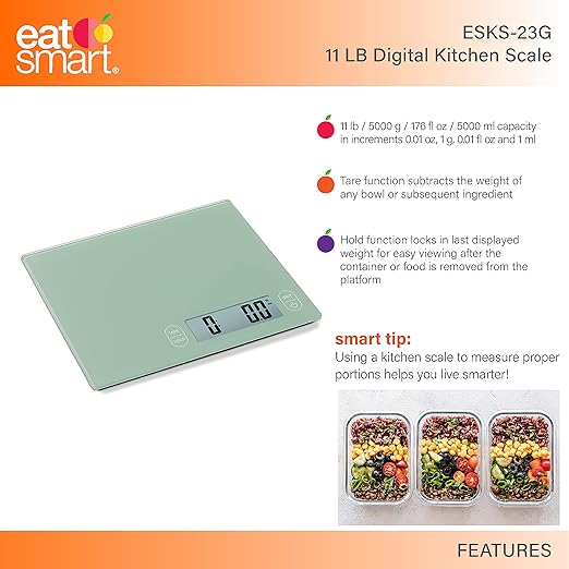 Eat Smart Eat Smart 11lb Food Kitchen Glass Scale, Green