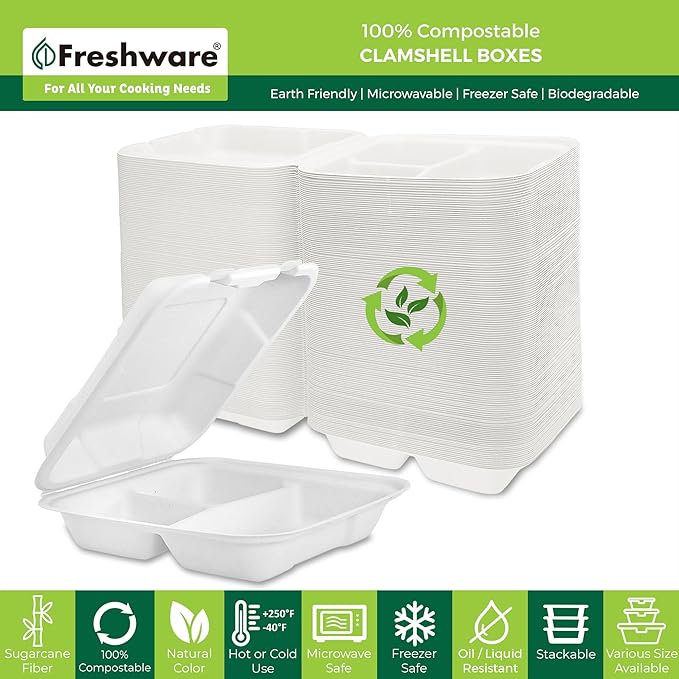 Freshware Clamshell Containers, 8 x 8 Inch, 3-Compartment, 200-Pack, White