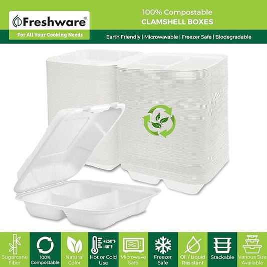 Freshware Clamshell Containers, 8 x 8 Inch, 3-Compartment, 200-Pack, White