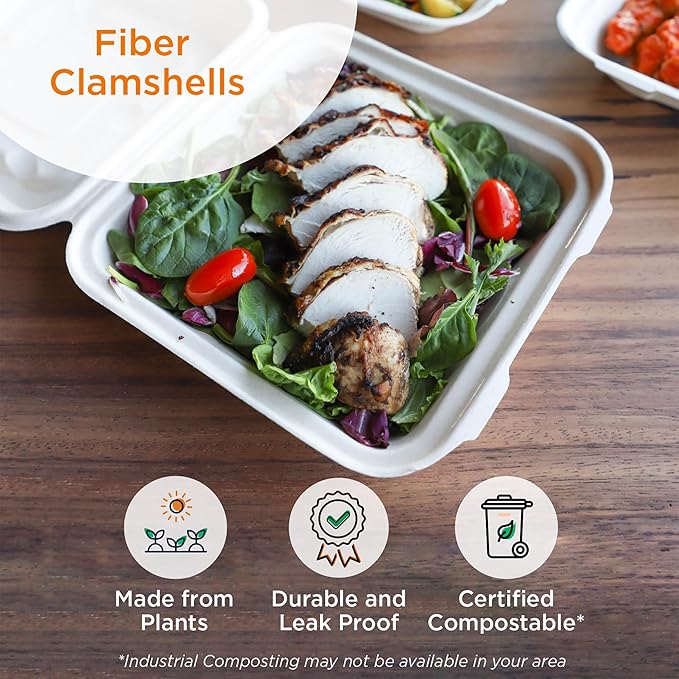 World Centric Compostable Clamshell Containers 8x8x3 - Grease and Moisture Resistant - 100 Pack