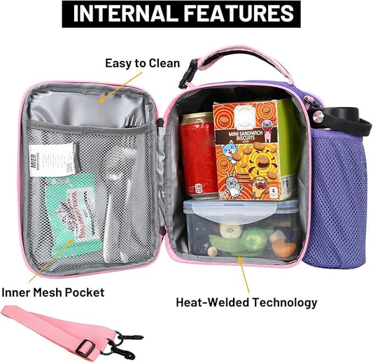 MIER Expandable Lunch Bag Insulated Lunch Box for Teen Girls Women to School Work Travel Portable Lunchbox Bags with Shoulder Strap and Water Bottle Holder(Purple)