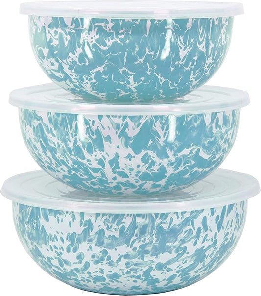 Golden Rabbit Enamelware - Set of 3 - Mixing Bowls (Sea Glass Swirl)