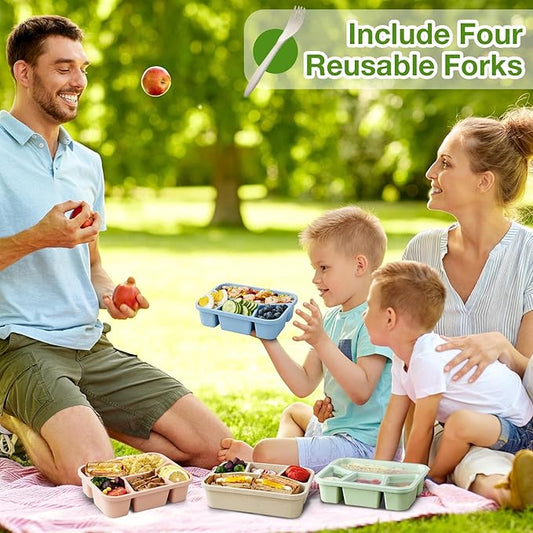 4 Pack Bento Lunch Box, 4 Compartment Wheat Straw Meal Prep Containers for Kids/Toddle/Adults, BPA Free Reusable Food Snack Storage Containers, Durable Bento Box for School, Work and Travel