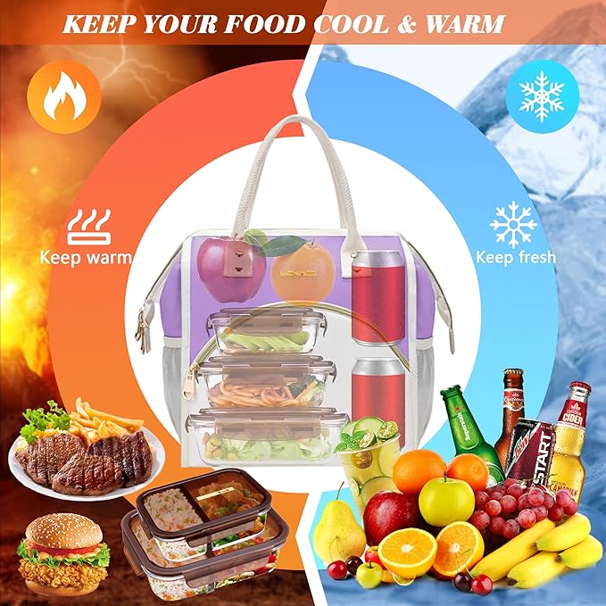 LOKASS Lunch Bag Women Insulated Lunch Box, Wide-Open Lunch Tote Bag Leak-proof Cooler Bag for Work Picnic-（Light Purple）
