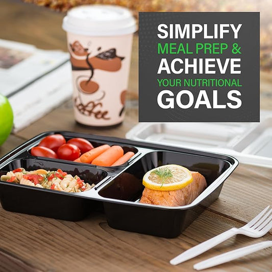 Ez Prepa [20 Pack] 32oz 3 Compartment Meal Prep Containers with Lids - Bento Box - Plastic - Stackable, Reusable, Microwaveable & Dishwasher Safe